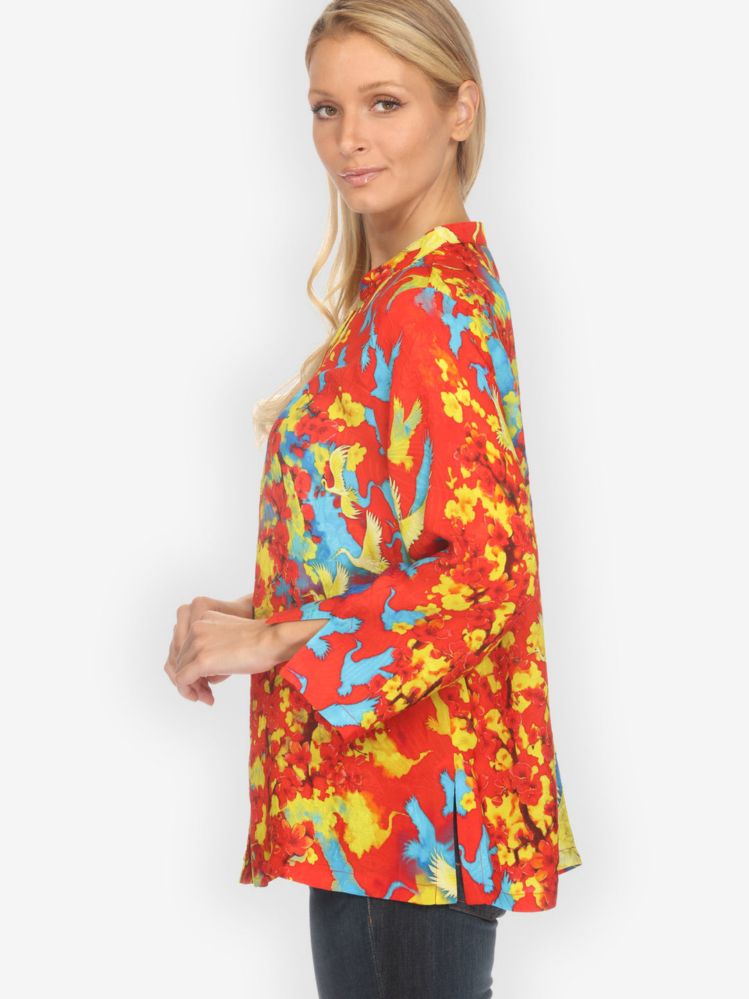 Sakura and Cranes in Red Silk Blouse