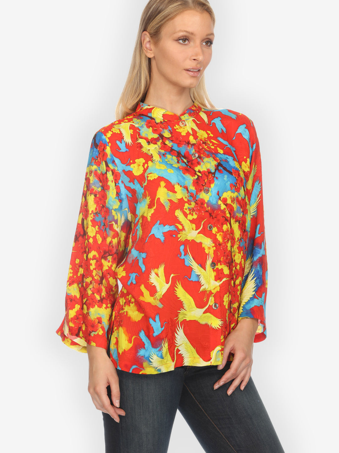 Sakura and Cranes in Red Silk Blouse