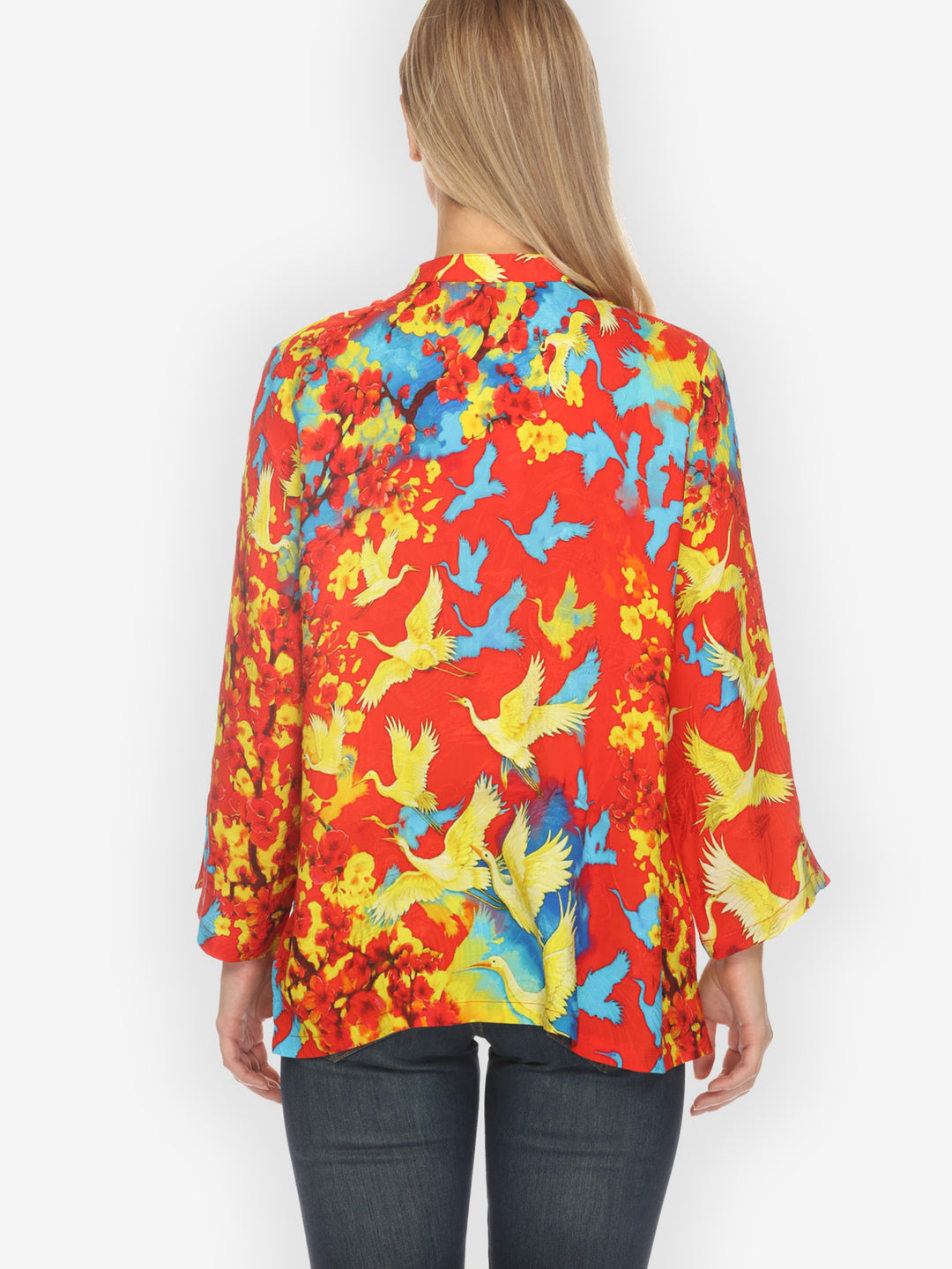 Sakura and Cranes in Red Silk Blouse