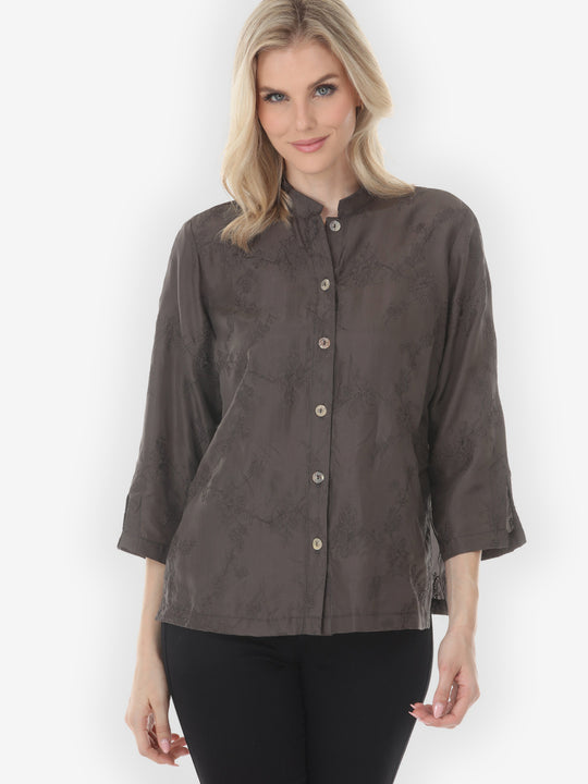 Sophisticated Floral Embroidery in Brown Silk Blouse