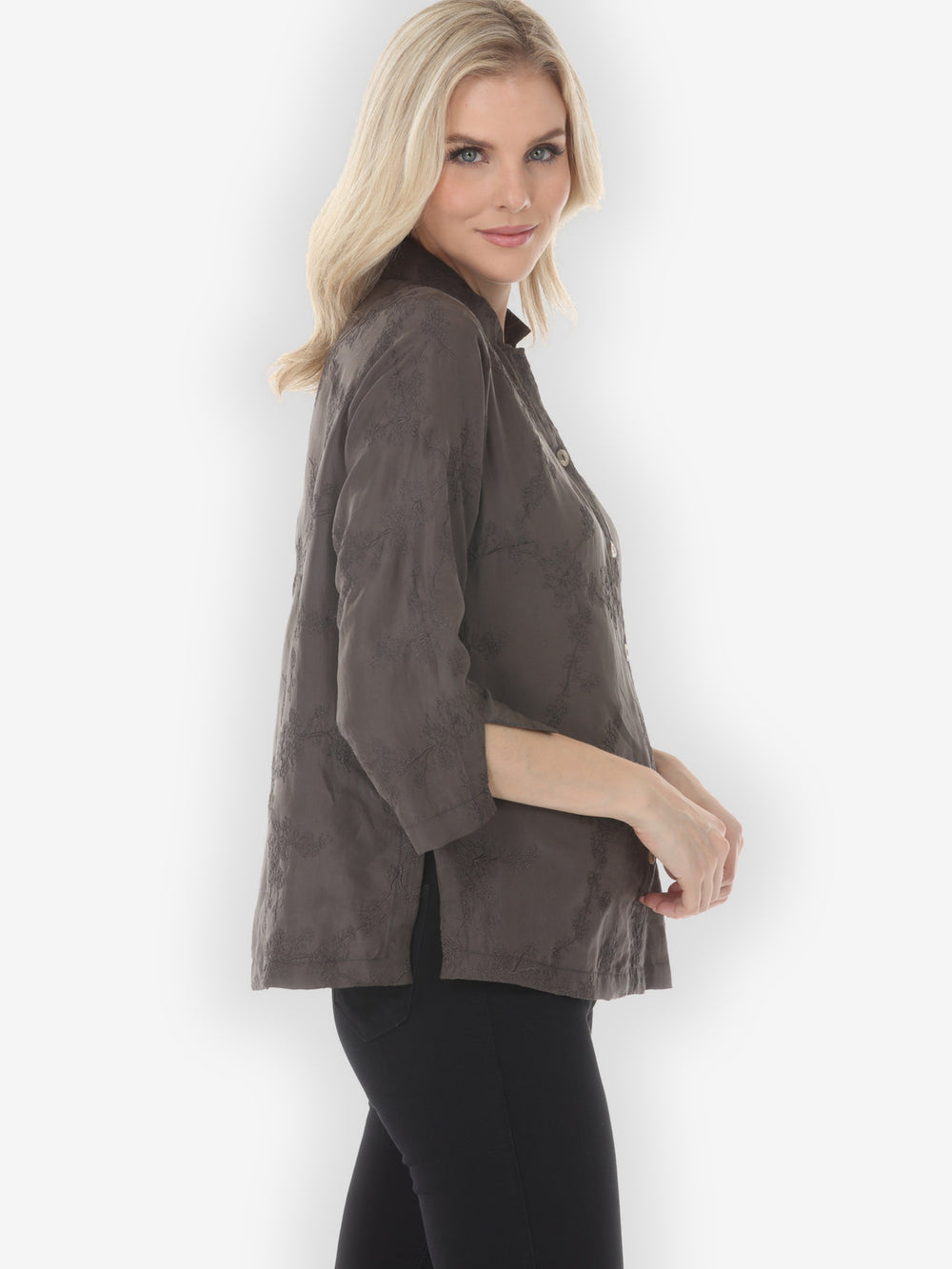 Sophisticated Floral Embroidery in Brown Silk Blouse