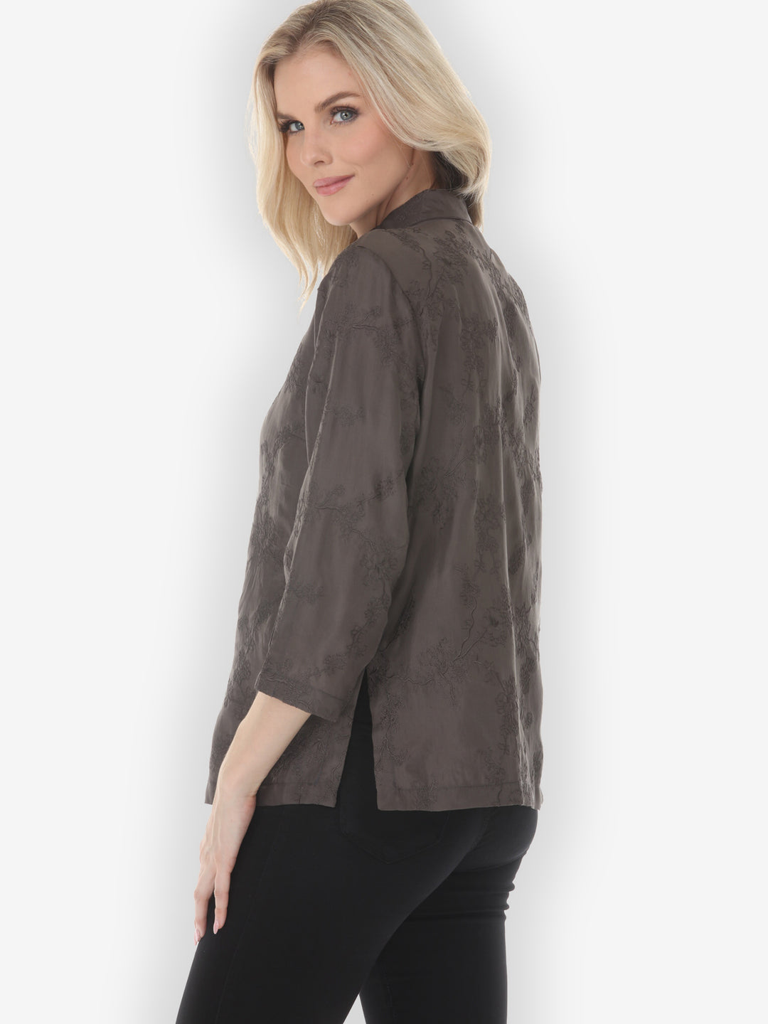 Sophisticated Floral Embroidery in Brown Silk Blouse