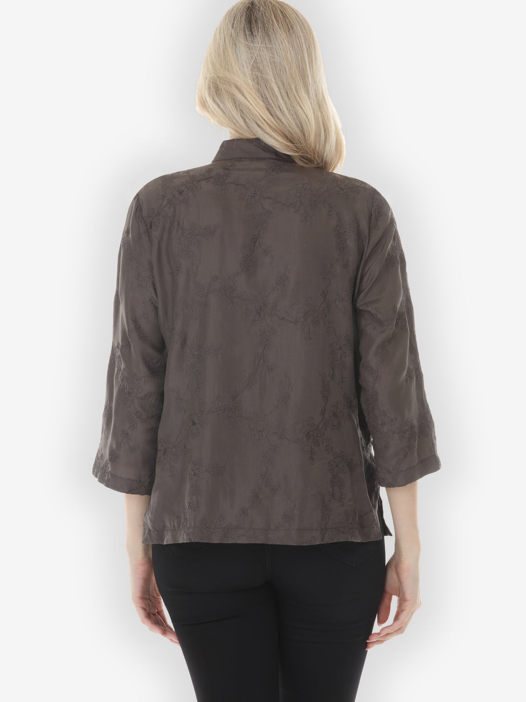 Sophisticated Floral Embroidery in Brown Silk Blouse