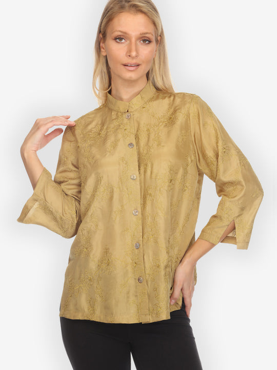 Sophisticated Floral Embroidery Silk Blouse