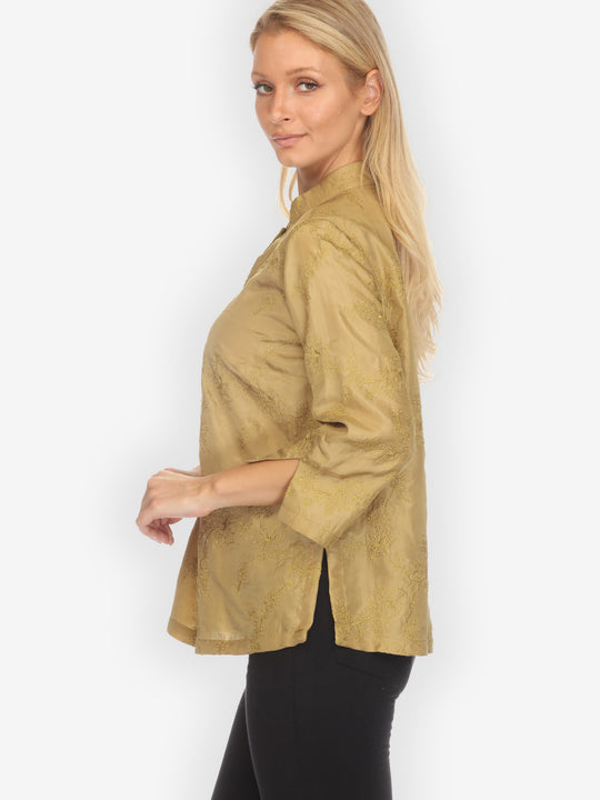 Sophisticated Floral Embroidery Silk Blouse