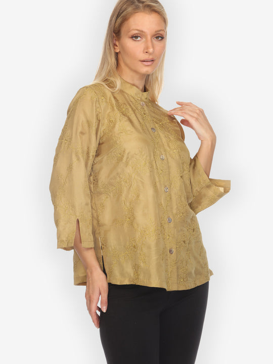 Sophisticated Floral Embroidery Silk Blouse