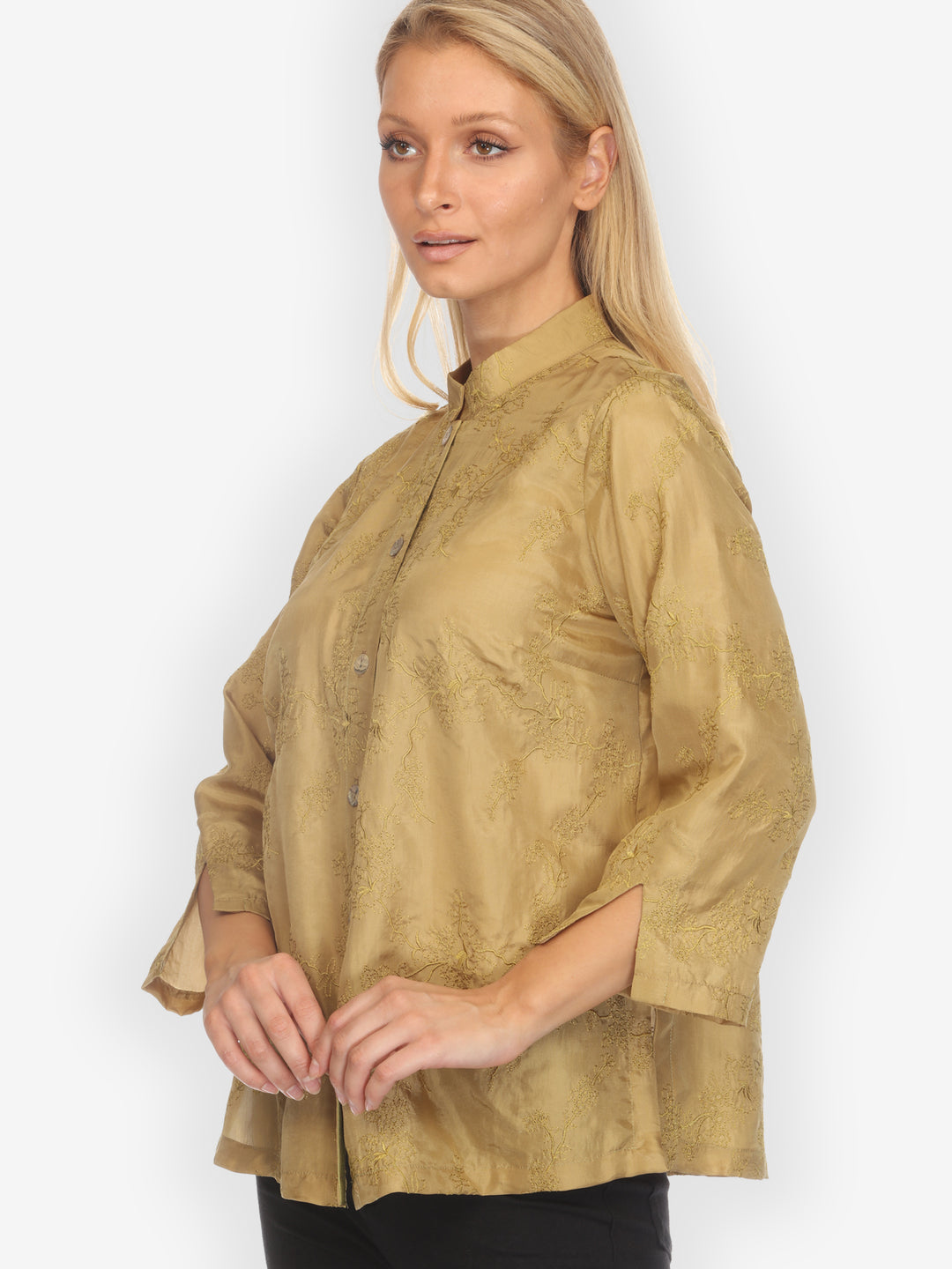 Sophisticated Floral Embroidery Silk Blouse
