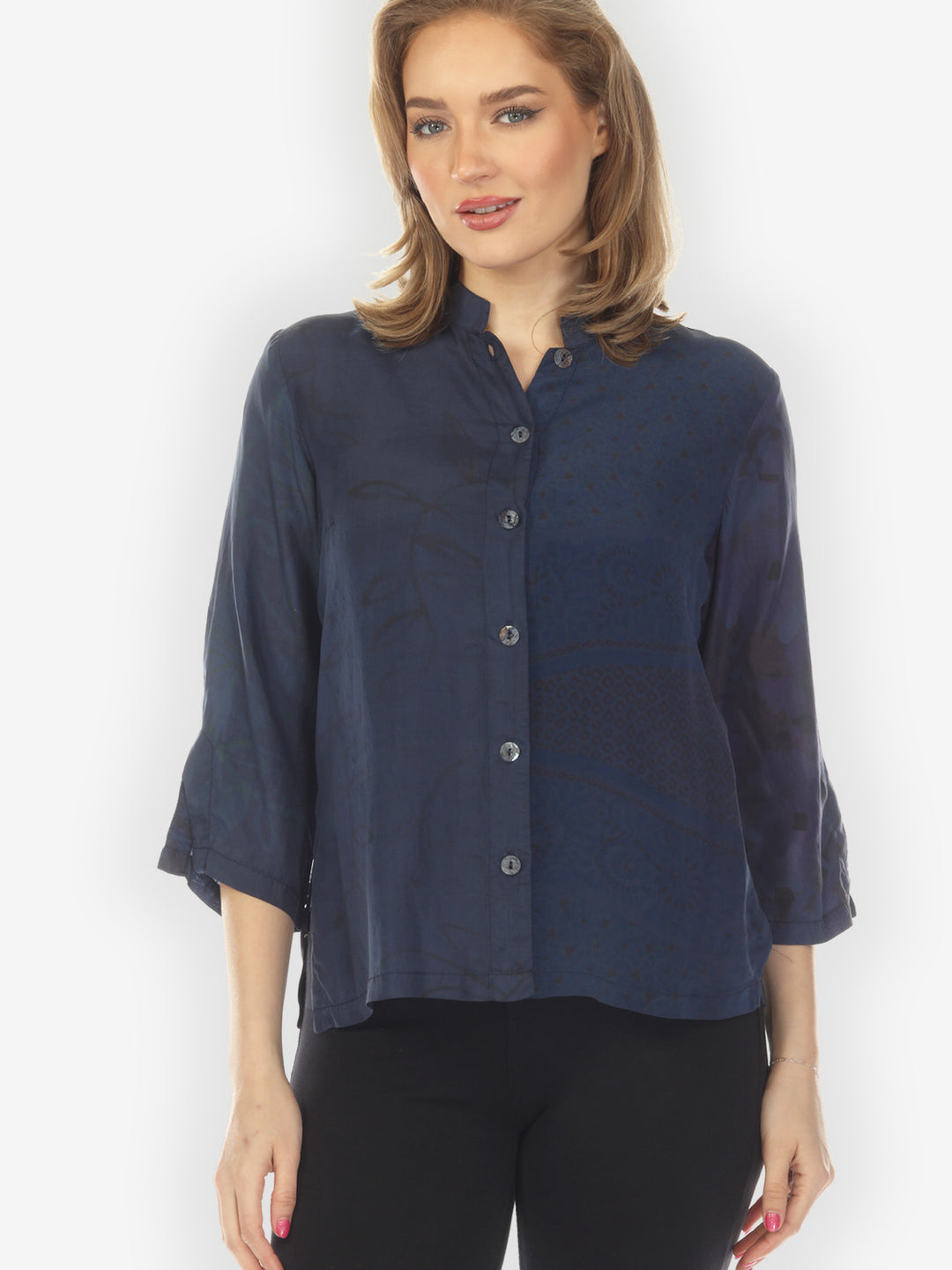 Silk Patch Print Navy Hand Dyed Blouse - M