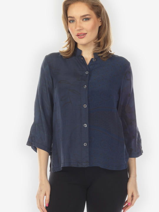 Silk Patch Print Navy Hand Dyed Blouse - M