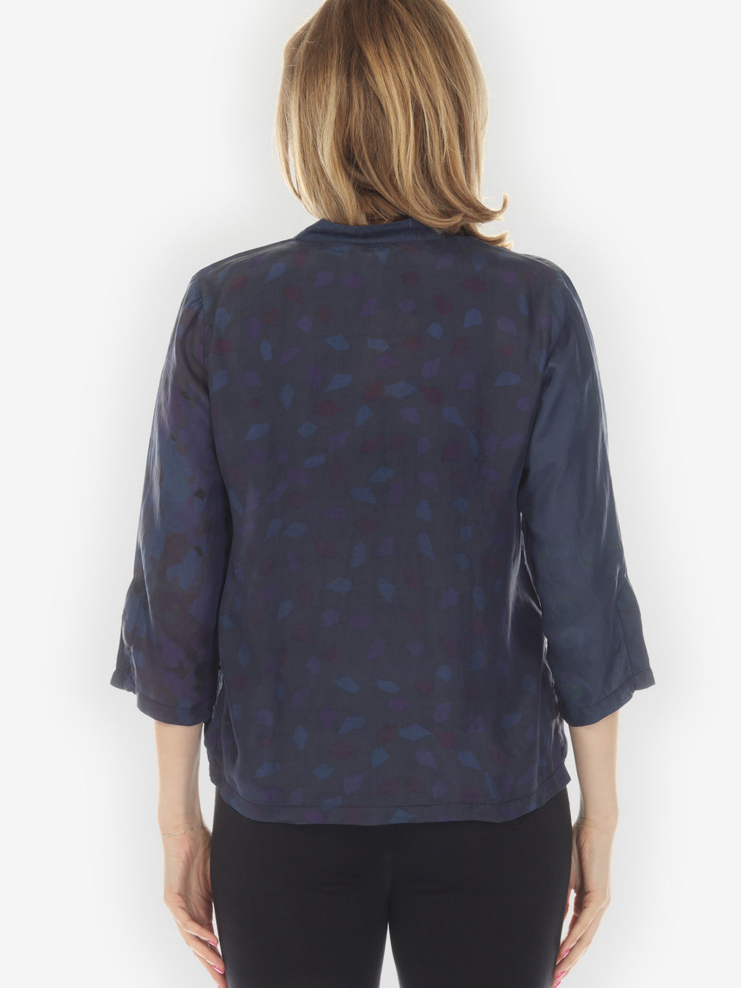 Silk Patch Print Navy Hand Dyed Blouse - M