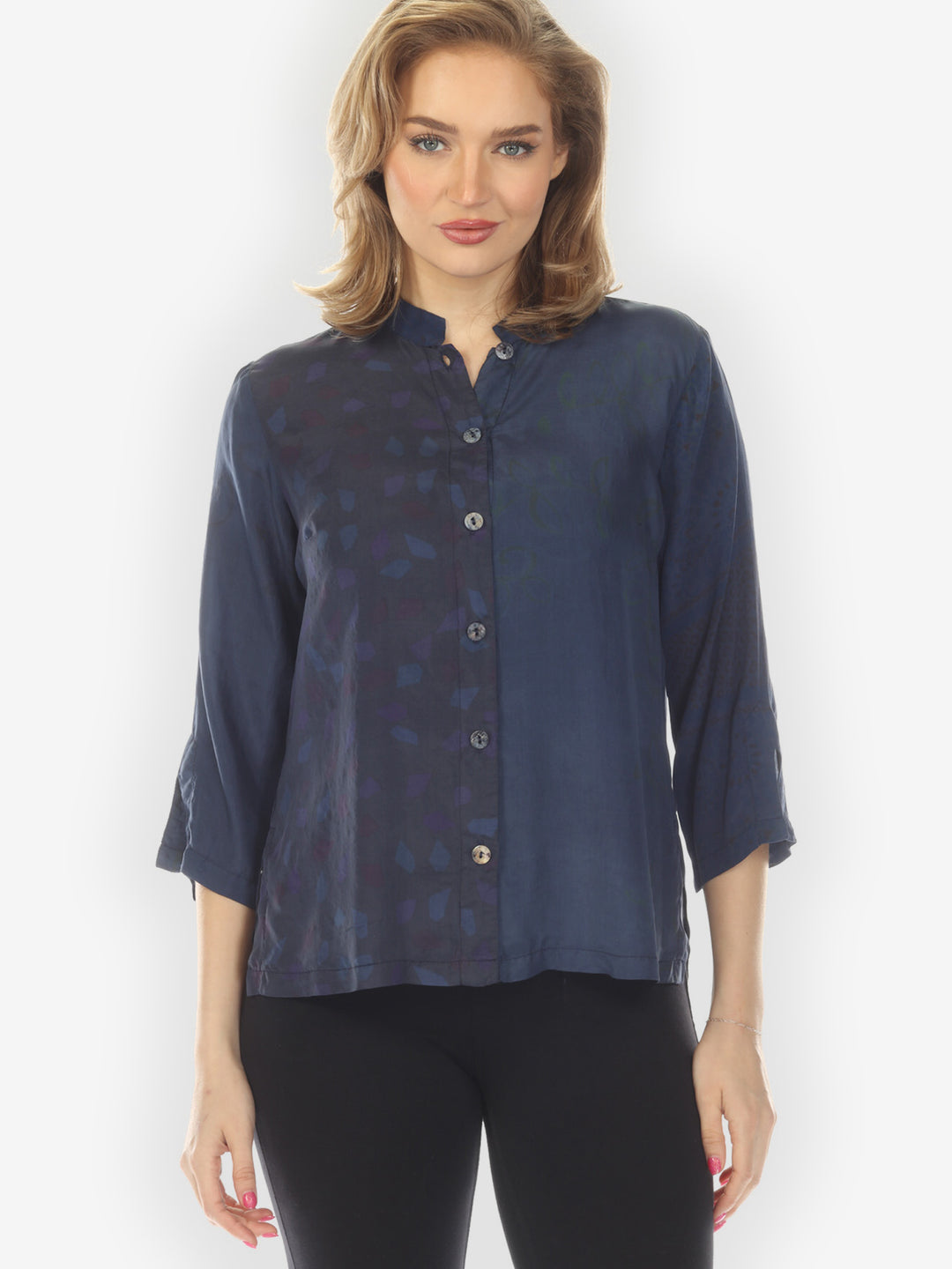 Silk Patch Print Navy Hand Dyed Blouse - M