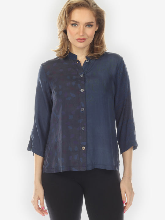 Silk Patch Print Navy Hand Dyed Blouse - M