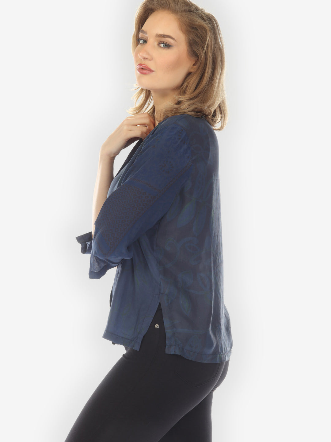Silk Patch Print Navy Hand Dyed Blouse - M