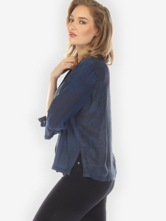 Silk Patch Print Navy Hand Dyed Blouse - M
