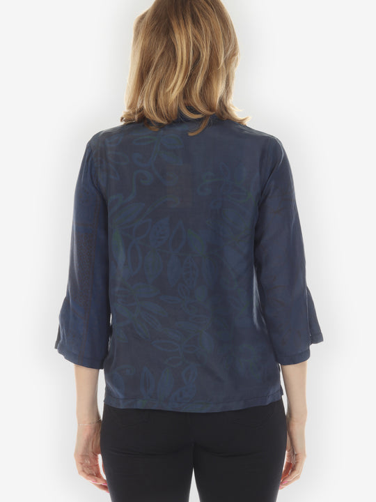 Silk Patch Print Navy Hand Dyed Blouse - M