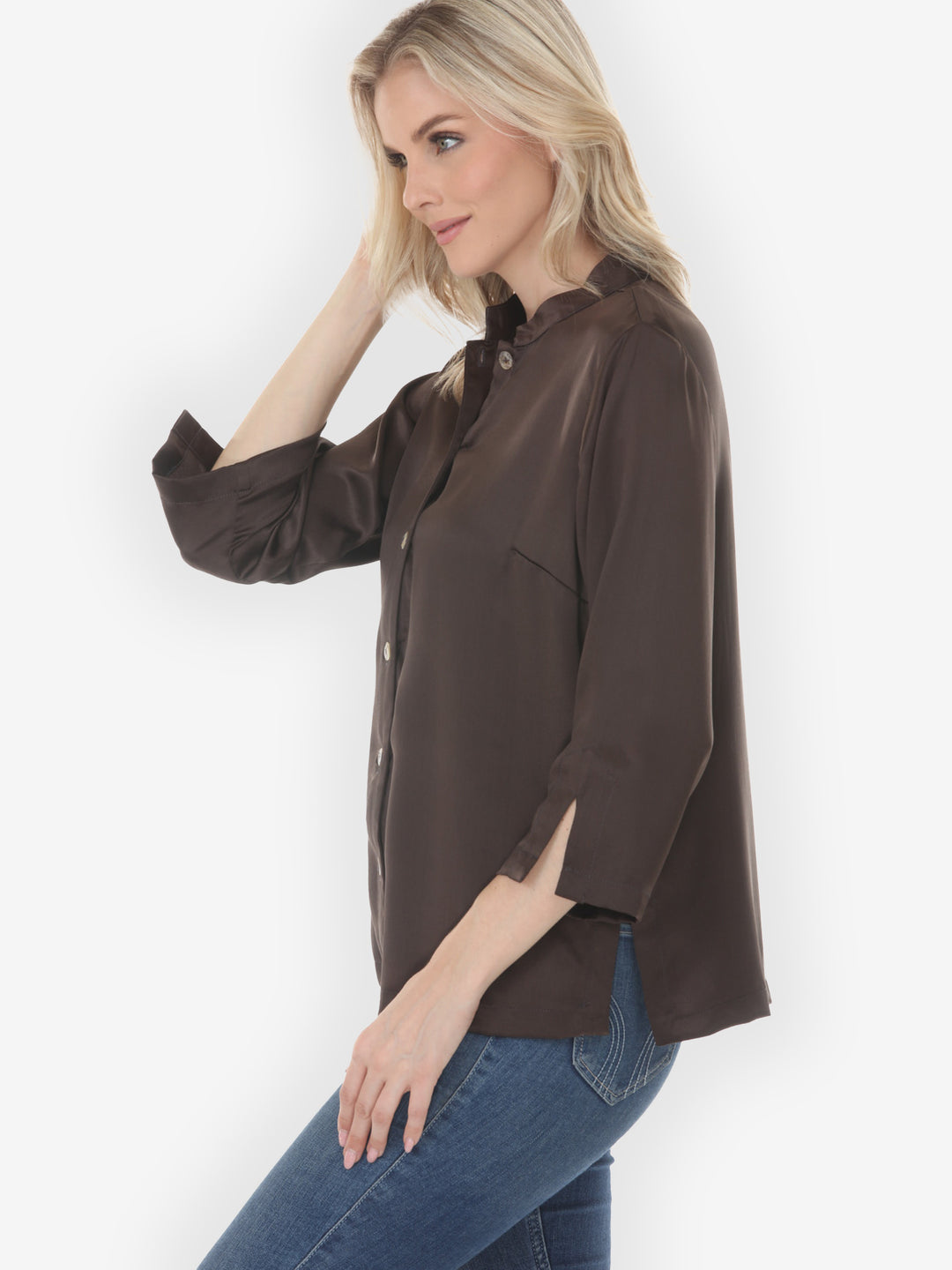 Solid Silk Satin Dark Umber Silk Blouse