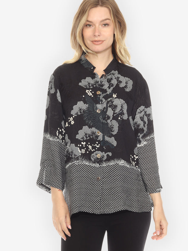 True Black Shibori Silk Blouse - M
