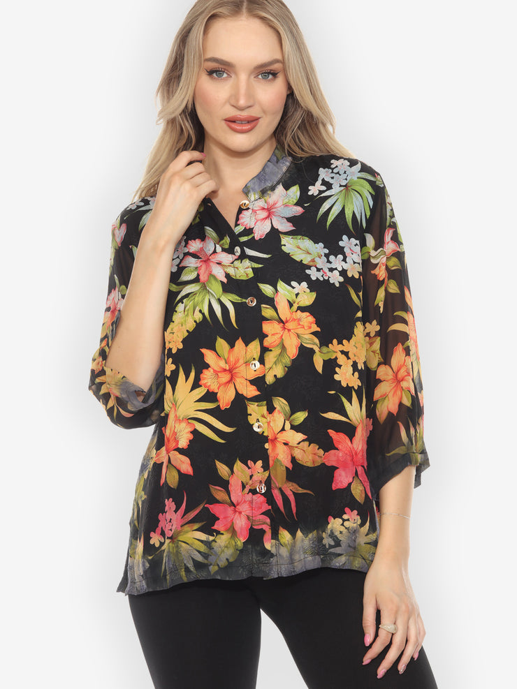 Tropical Hibiscus Paradise Silk Blouse - L