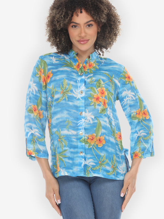 Tropical Island Vibrant in Sky Blue Blouse