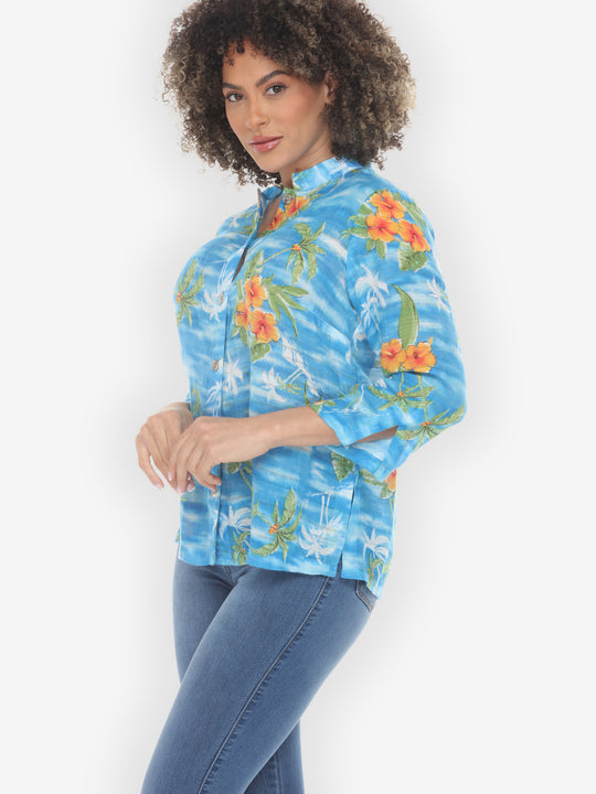 Tropical Island Vibrant in Sky Blue Blouse