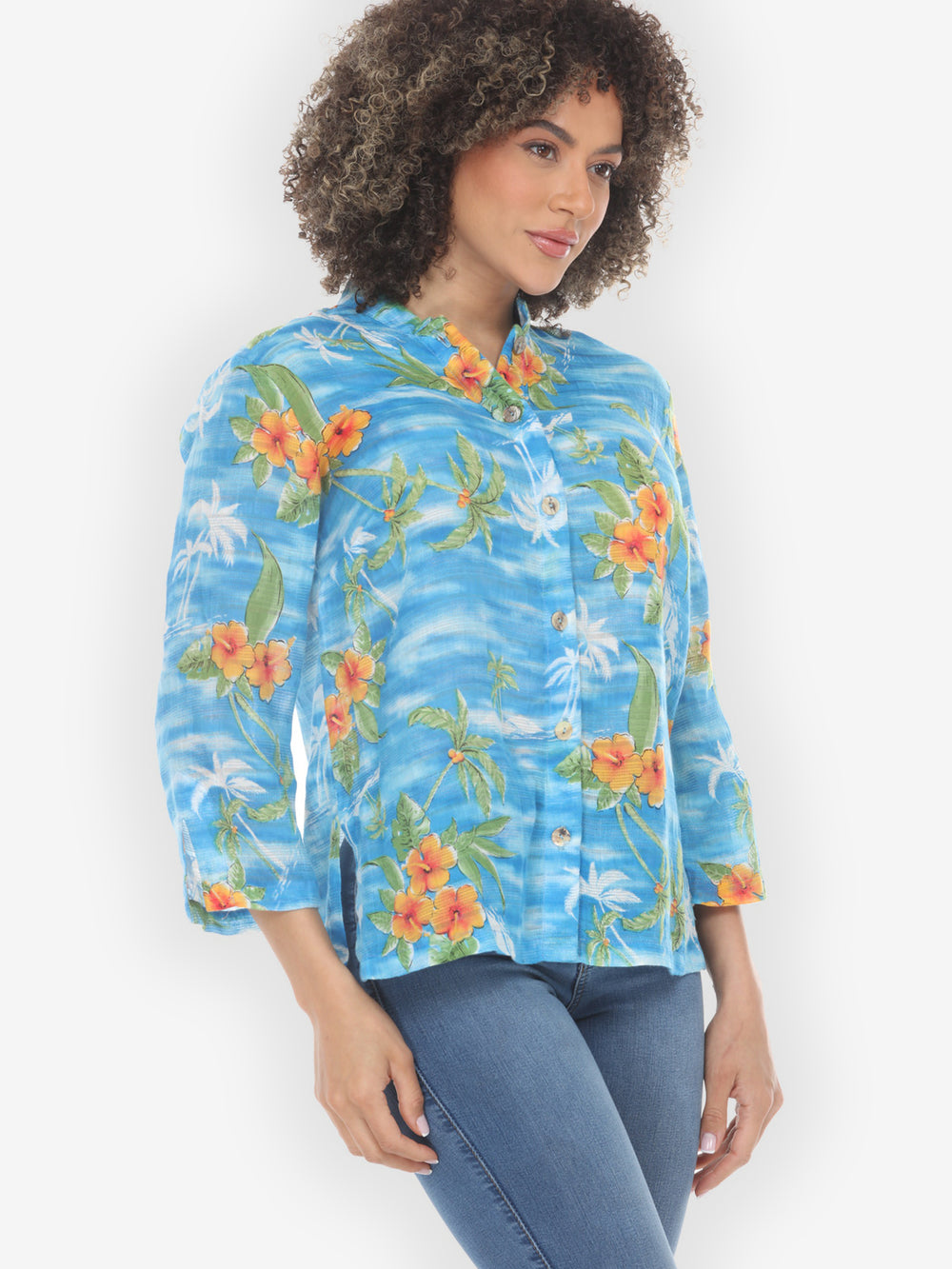 Tropical Island Vibrant in Sky Blue Blouse