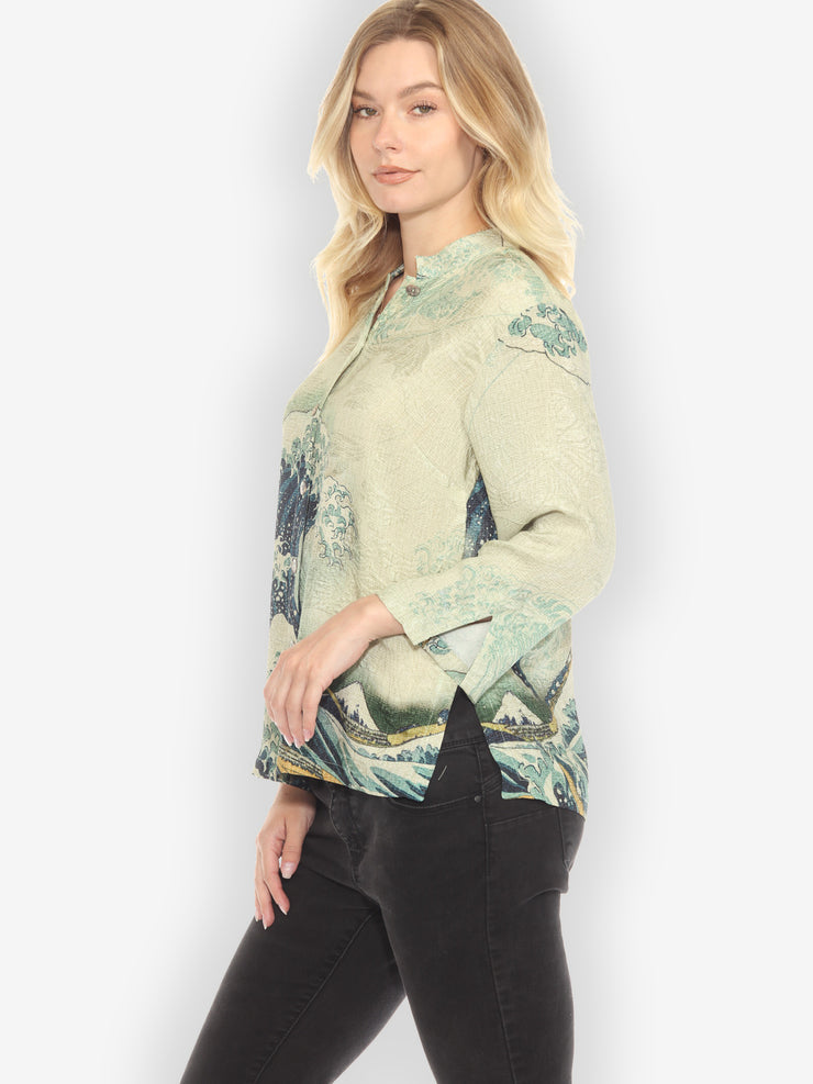Traditional Japanese Wave Silk Blouse