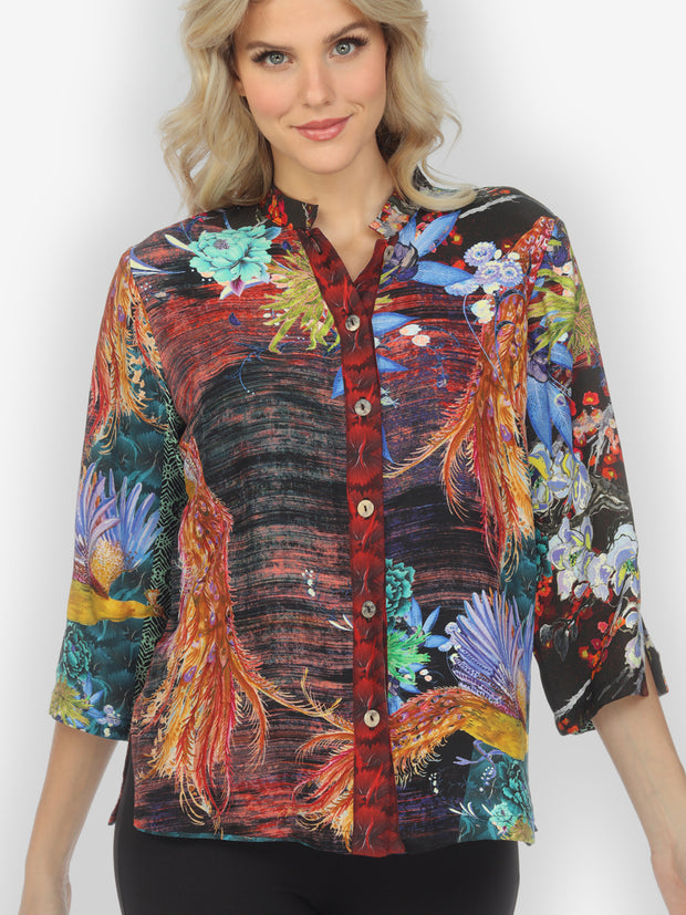 Tasteful Peacock Flower Silk Blouse