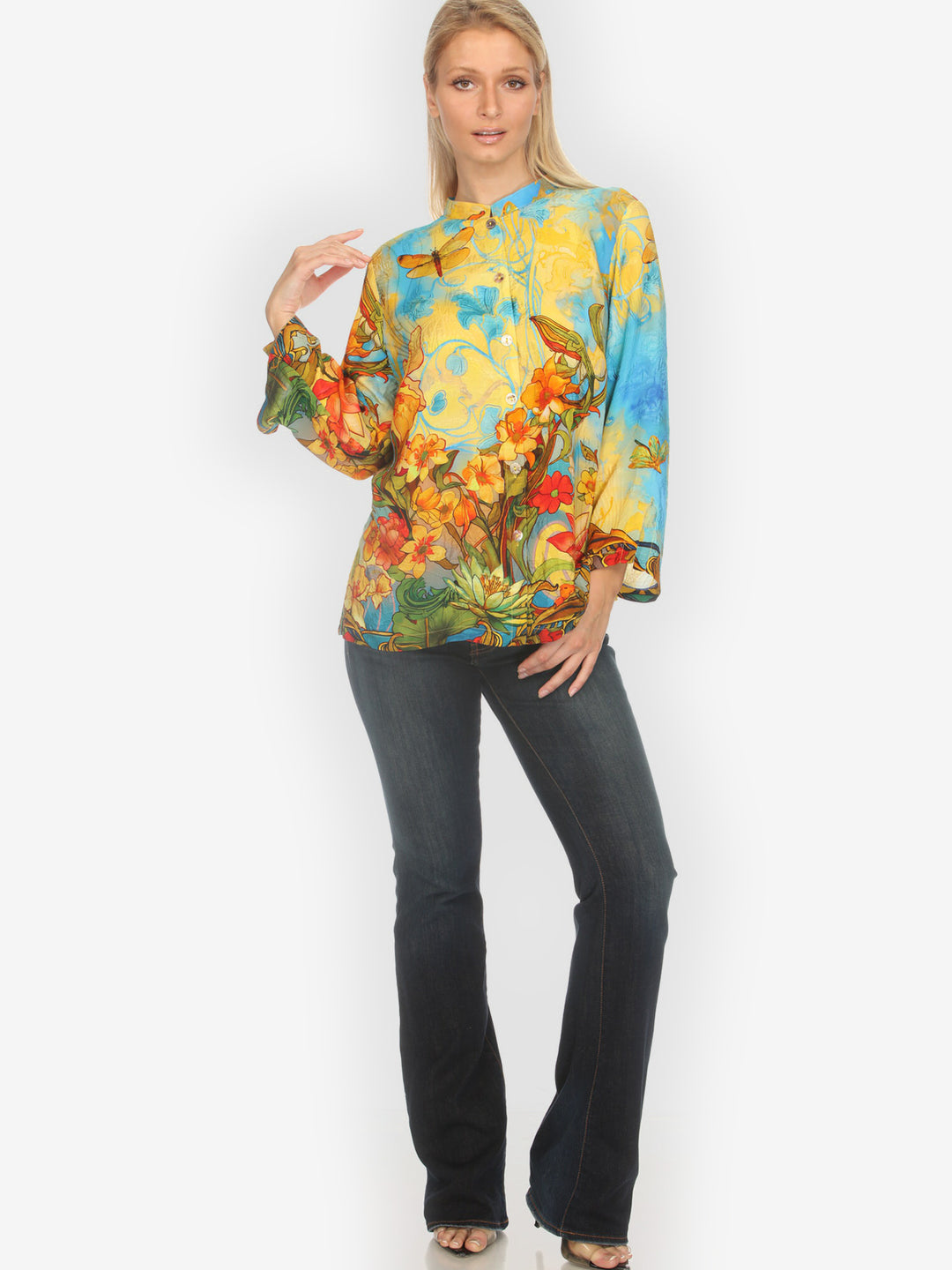 Vintage Art Nouveau Yellow Blue Silk Blouse