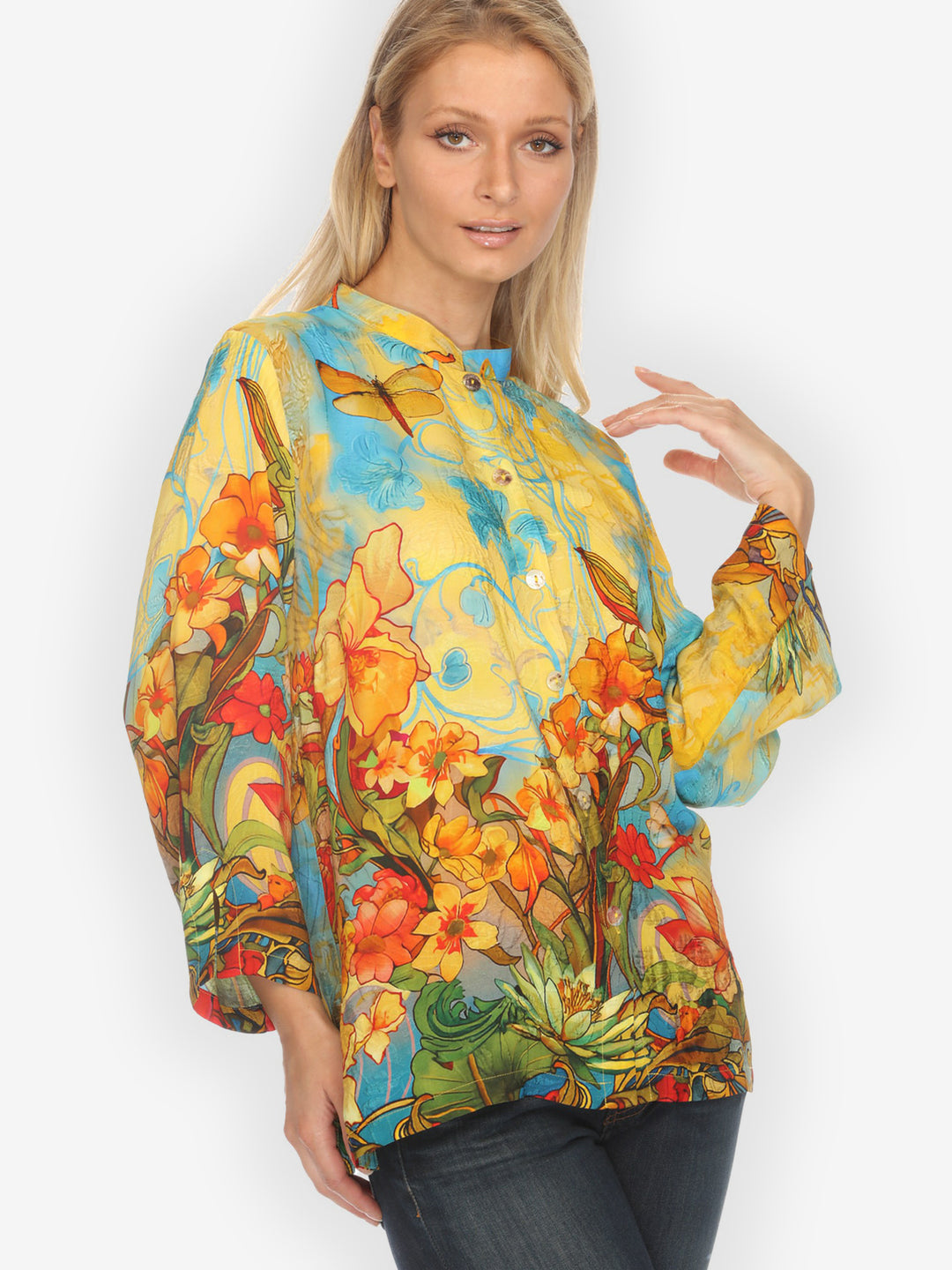 Vintage Art Nouveau Yellow Blue Silk Blouse