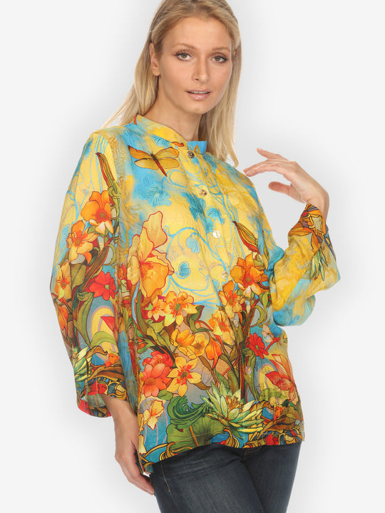 Vintage Art Nouveau Yellow Blue Silk Blouse