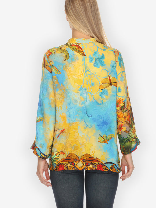 Vintage Art Nouveau Yellow Blue Silk Blouse