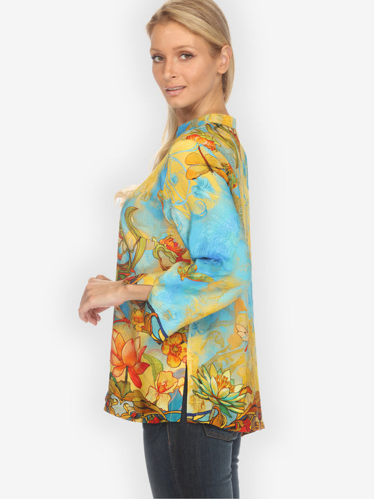 Vintage Art Nouveau Yellow Blue Silk Blouse