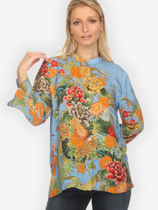 Vintage Flower in Sky Blue Silk Blouse