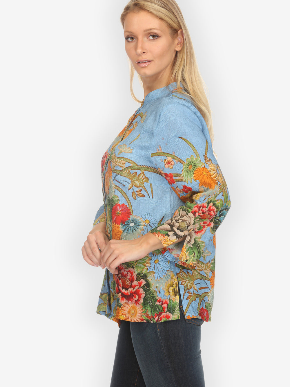 Vintage Flower in Sky Blue Silk Blouse