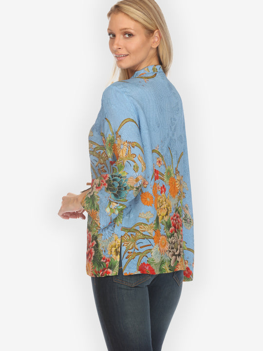 Vintage Flower in Sky Blue Silk Blouse