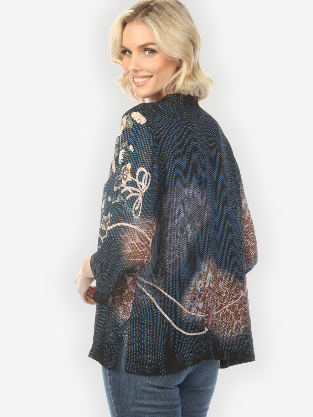 Vintage Kimono Art in Navy Colorway Silk Blouse