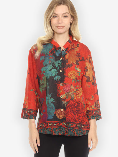 Vintage Vase Floral Rayon Linen Blouse - L
