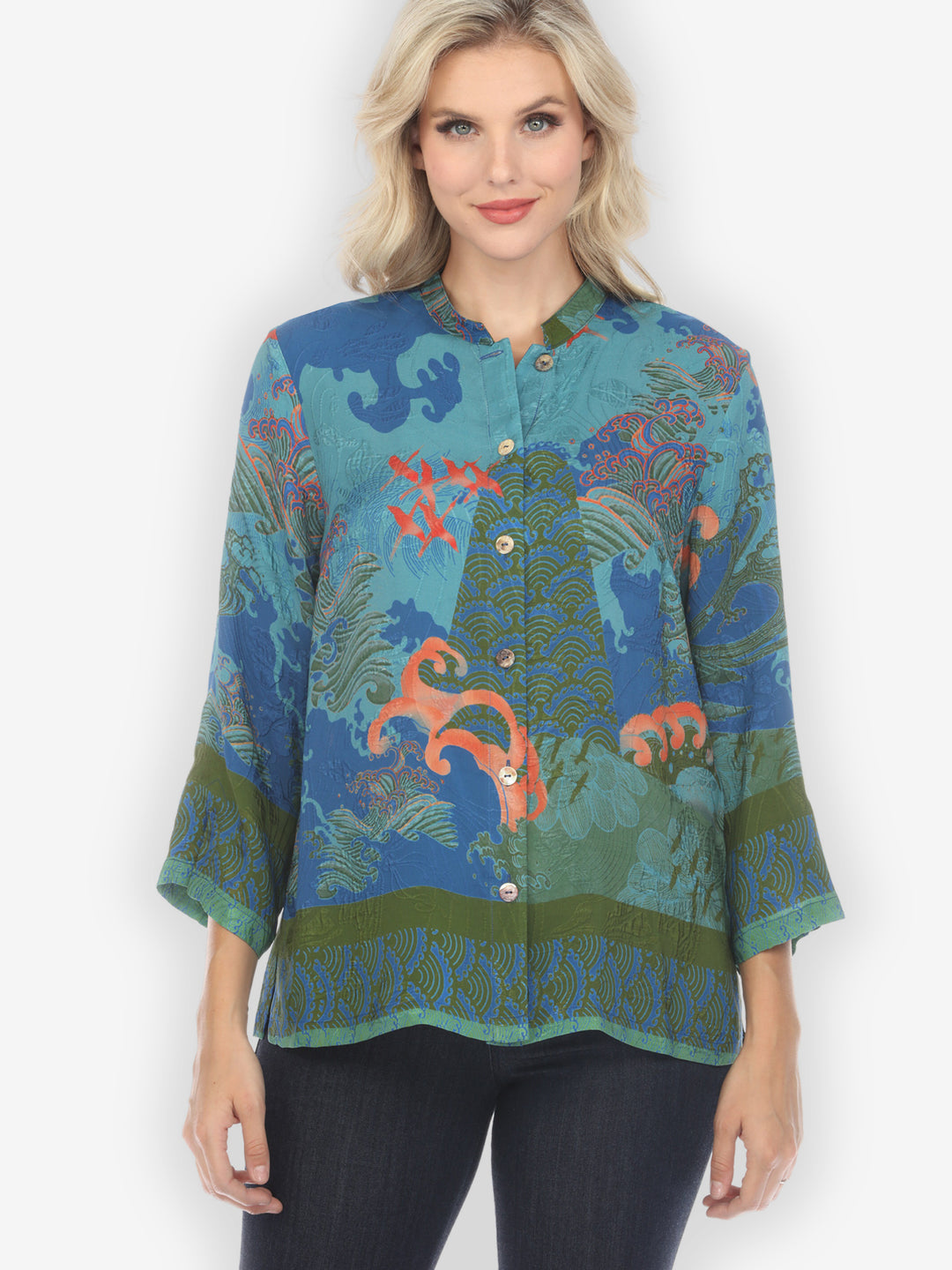 Waves and Cranes in Blue Silk Blouse