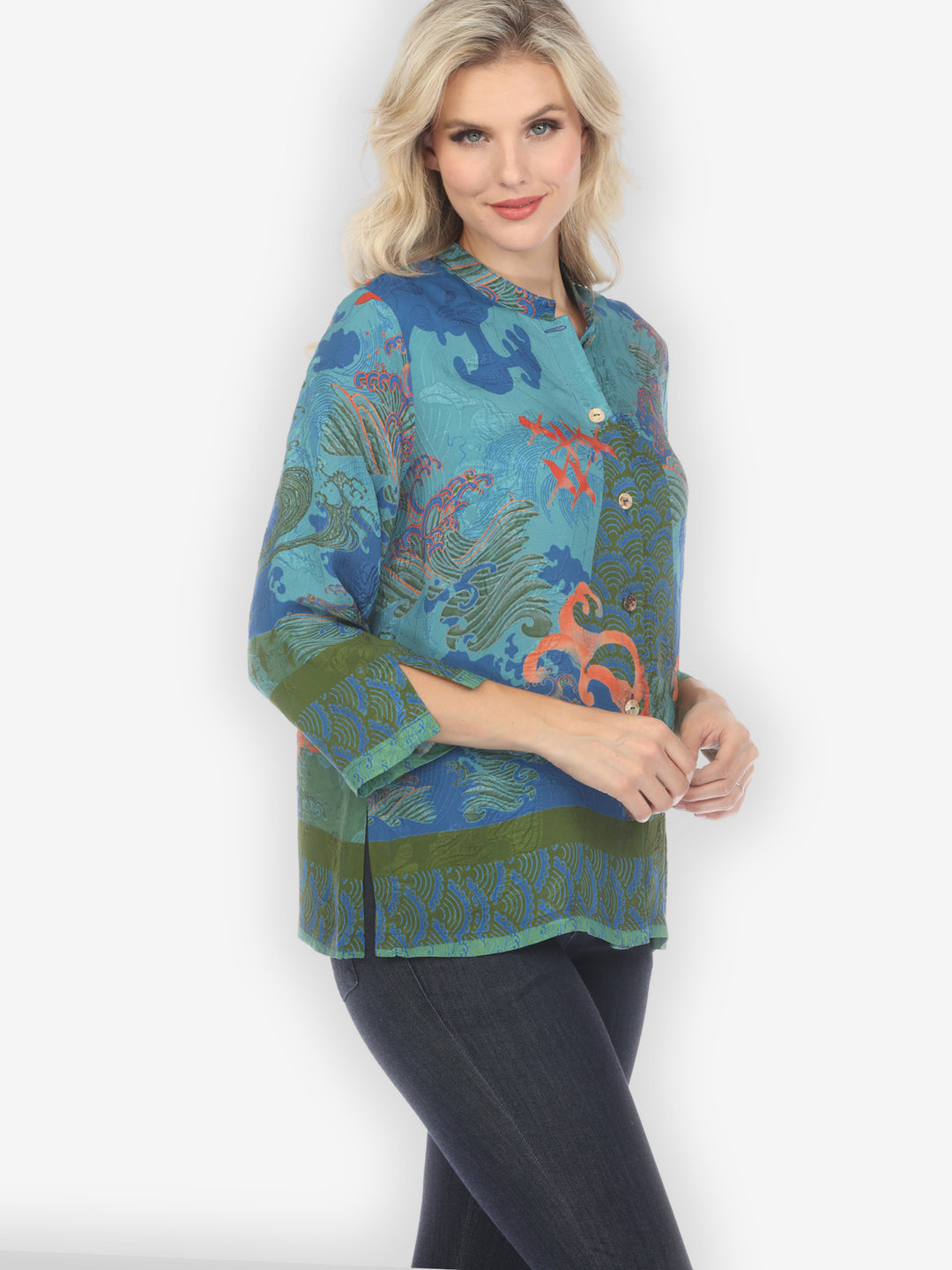 Waves and Cranes in Blue Silk Blouse