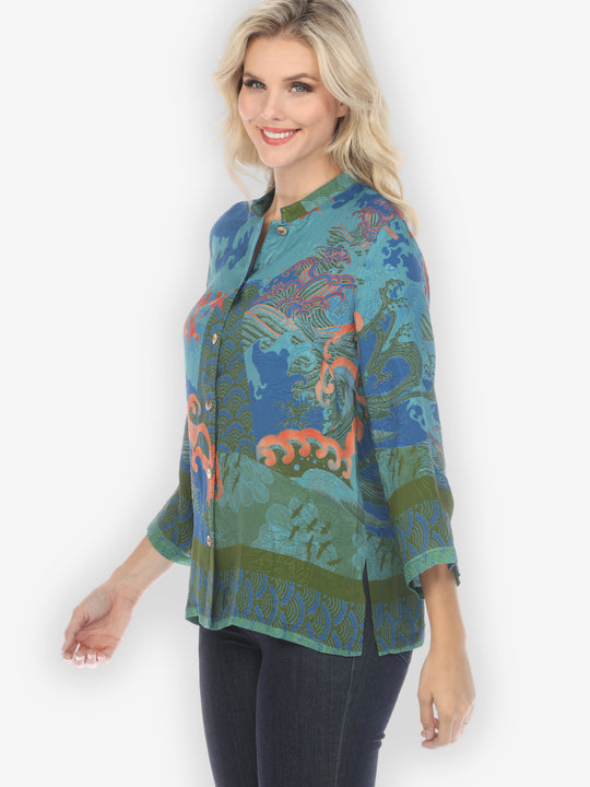 Waves and Cranes in Blue Silk Blouse