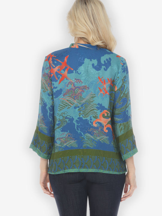 Waves and Cranes in Blue Silk Blouse