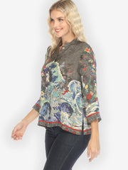 Waves Art in Dark Gray Silk Blouse