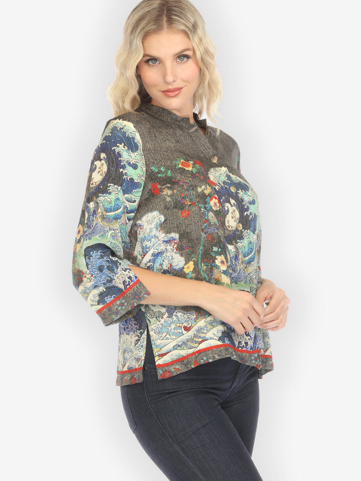 Waves Art in Dark Gray Silk Blouse