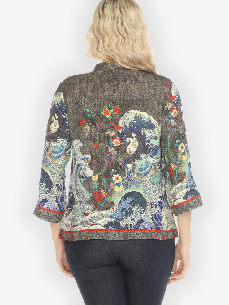 Waves Art in Dark Gray Silk Blouse