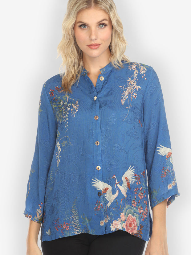 Wisteria Butterflies Crane in Blue Silk Blend Blouse