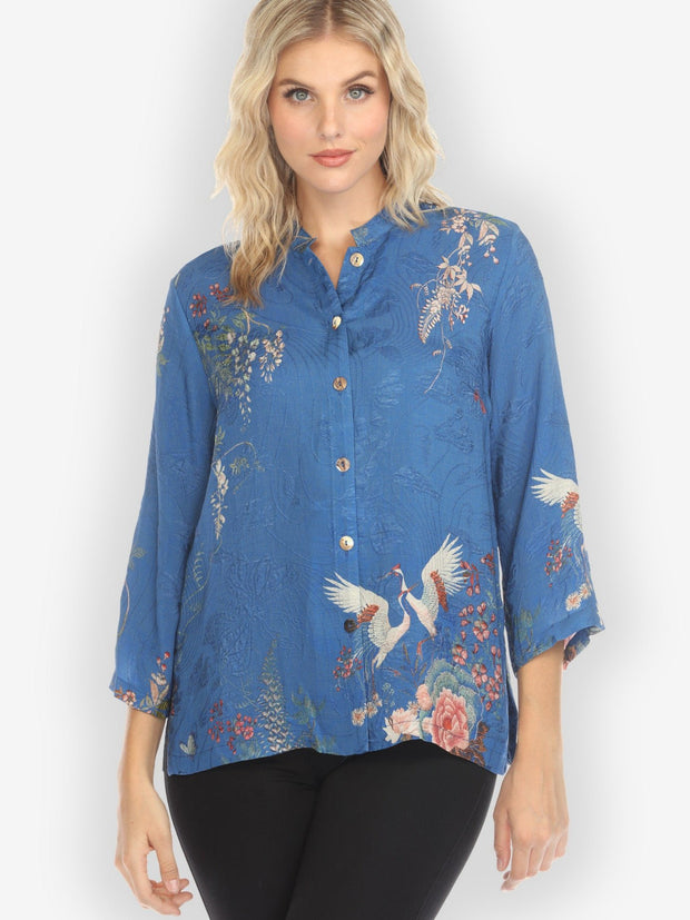 Wisteria Butterflies Crane in Blue Silk Blend Blouse