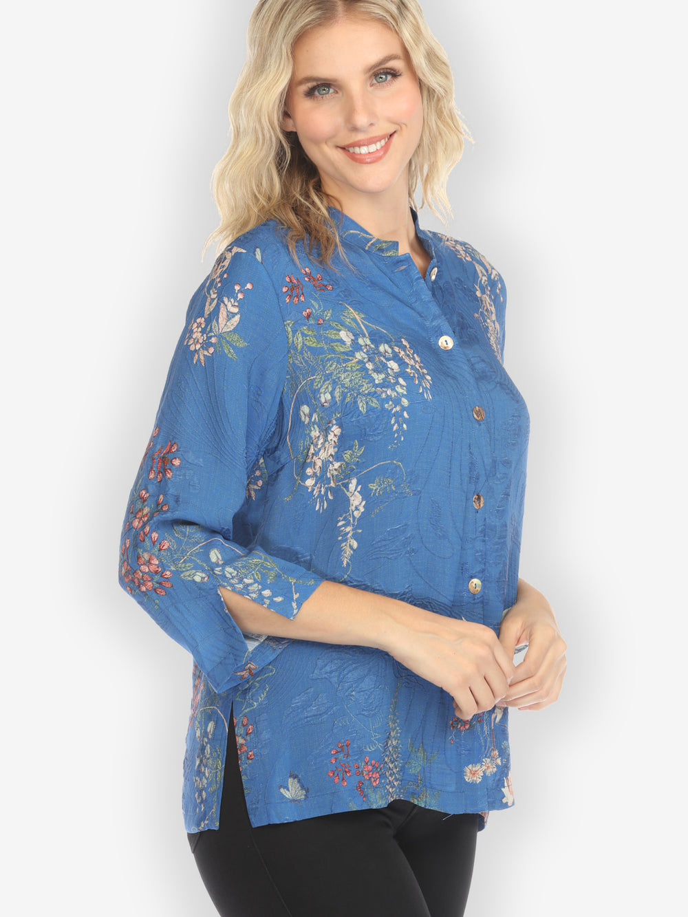 Wisteria Butterflies Crane in Blue Silk Blouse
