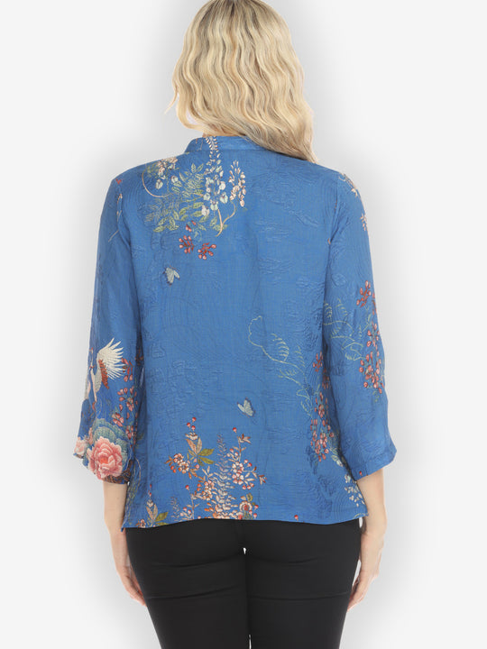 Wisteria Butterflies Crane in Blue Silk Blouse