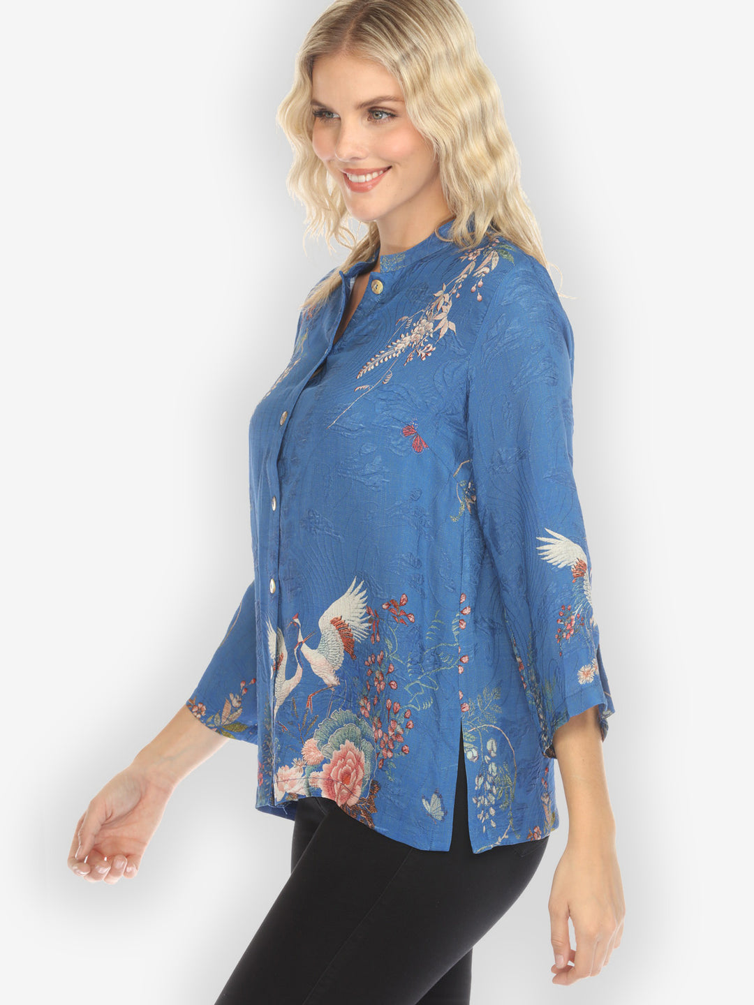 Wisteria Butterflies Crane in Blue Silk Blouse