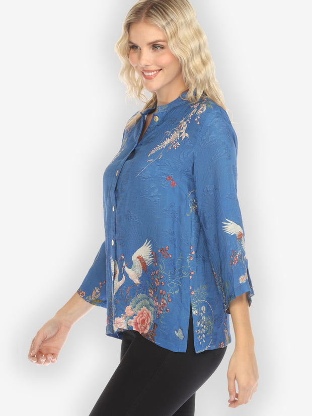 Wisteria Butterflies Crane in Blue Silk Blend Blouse